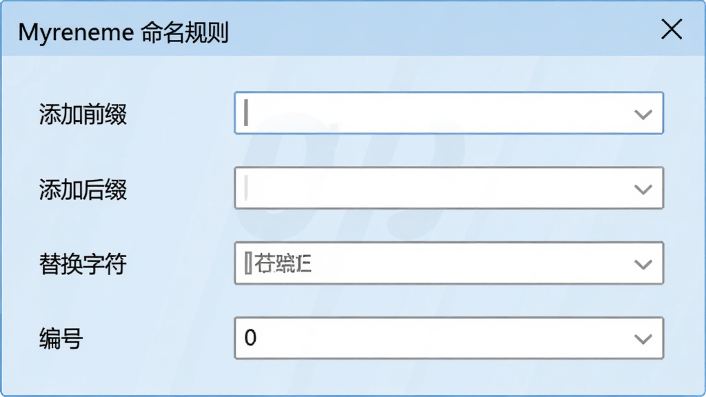 展示Myrename软件中命名规则设置面板,界面中包含“添加前缀”、“添加后缀”、“替换字符”、“编号”等选项,每个选项旁有对应的输入框,背景为浅蓝色调的软件界面,布局清晰,文字标签为“Myrename 命名规则”,画质干净,无多余元素