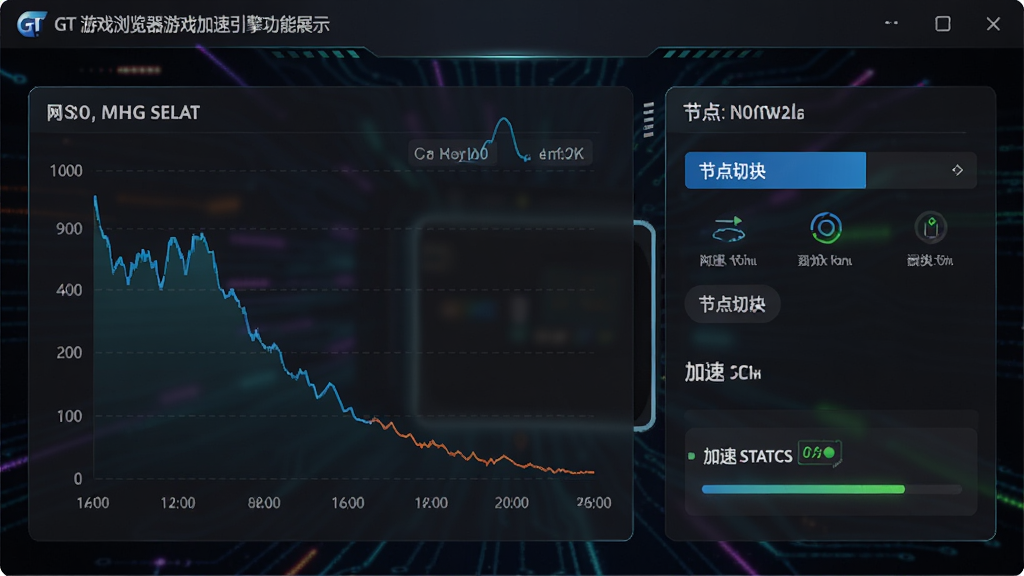 GT游戏浏览器游戏加速引擎功能展示,界面显示网络延迟图表、节点切换选项和加速状态,深色背景,科技感十足,布局清晰,细节丰富,画质高清,干净无多余元素