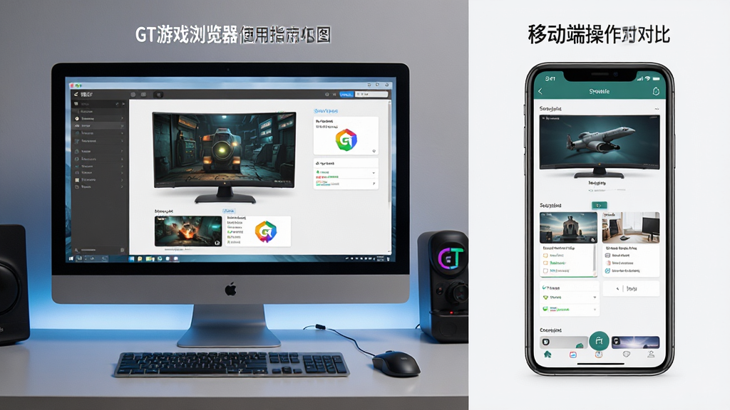 GT游戏浏览器使用指南示意图,展示电脑端和移动端操作界面对比,画面分为左右两半,左侧为PC界面,右侧为手机界面,风格简洁现代,布局清晰,细节丰富,画质高清,干净无多余元素