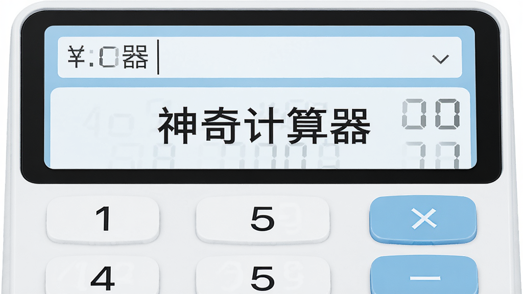 一幅展示神奇计算器主界面的高清数字渲染图,界面布局简洁,上方为表达式输入框,下方为数字键盘,整体以浅蓝和白色为主色调,风格清新现代,细节清晰,画质干净,无多余元素,屏幕中央显示“神奇计算器”字样