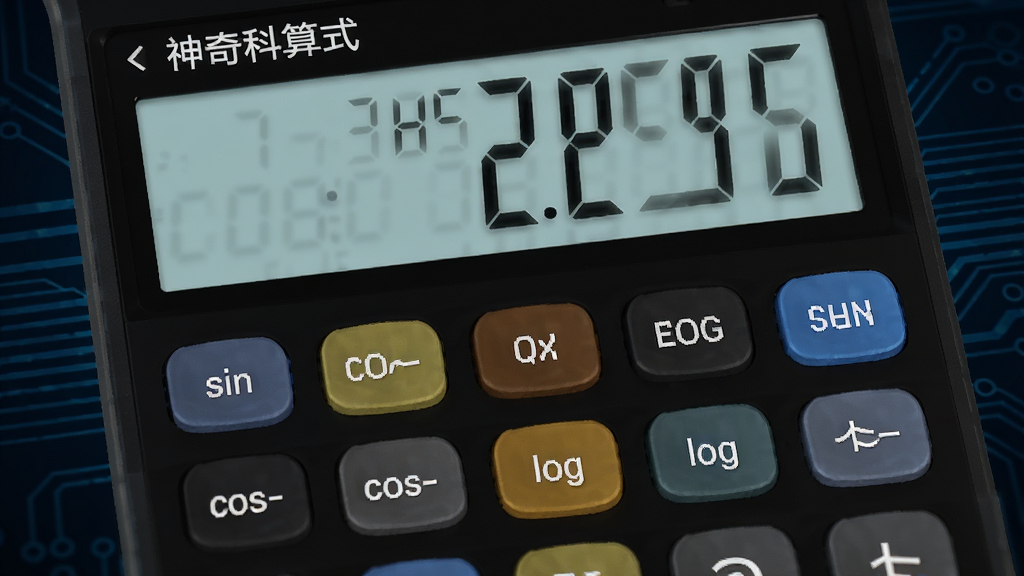 展示神奇计算器科学计算模式的界面,屏幕上有sin、cos、log等函数按键,背景为深色科技风格,数字和符号清晰可辨,布局规整,画质干净,无多余元素