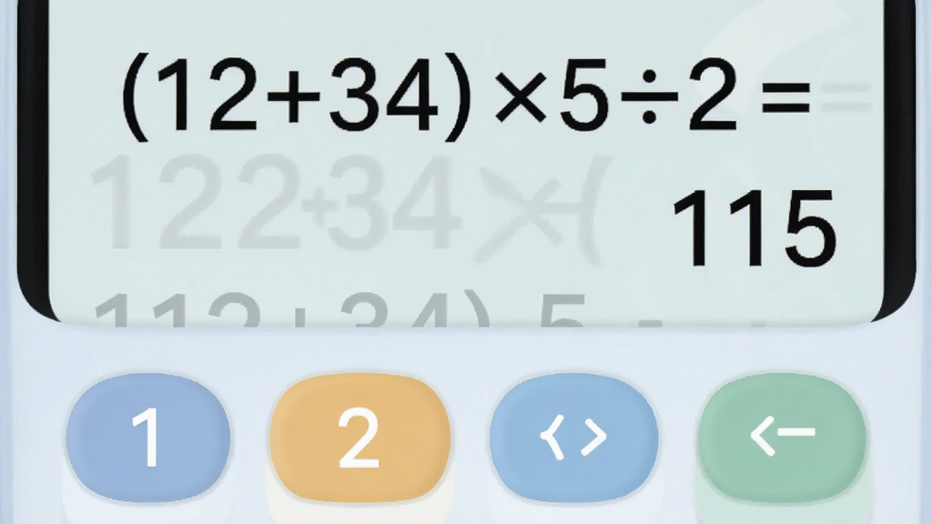 展示神奇计算器实时表达式显示功能的截图,屏幕上方显示“(12+34)×5÷2=”的完整表达式,下方显示计算结果“115”,界面配色柔和,按键圆润,风格简约,清晰度高,无多余元素