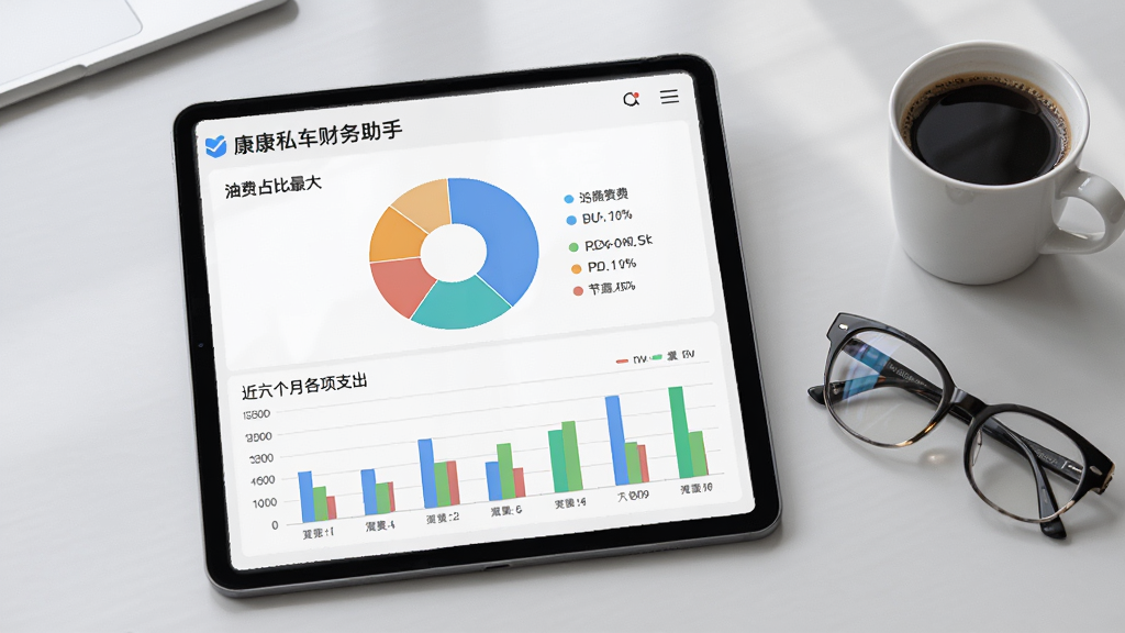 平板电脑展示康康私车财务助手的统计报表页面,页面中有彩色饼图显示油费占比最大,下方有柱状图对比近六个月各项支出,平板旁边放着一副眼镜和一杯咖啡,背景为浅灰色办公桌,画面简洁明亮,布局清晰,风格现代商务,画质高清,无多余元素
