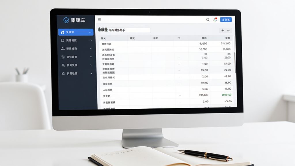 电脑屏幕展示康康私车财务助手的主界面,界面左侧为功能导航栏,右侧为可输入金额的表格,屏幕前有一本打开的笔记本和一支笔,背景为简洁的白色办公桌,画面干净,布局清晰,风格商务简约,画质高清,无多余元素