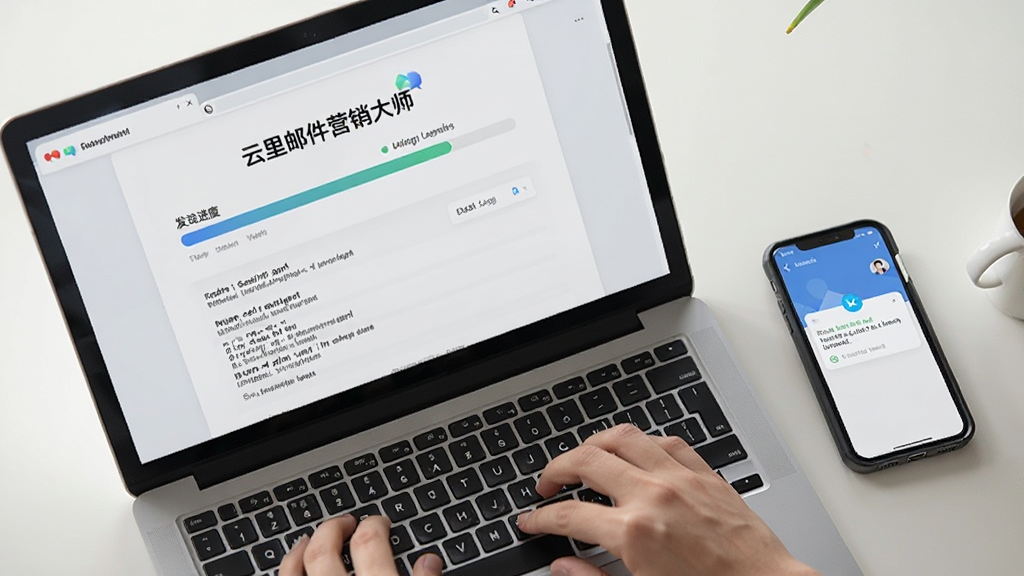一张俯拍图,显示人手正在操作一台笔记本电脑,屏幕上是“云里邮件营销大师”的发送进度条与成功日志,旁边摆放着一部手机同步显示推送通知,场景真实,光线柔和,突出跨设备协同工作的便利性,画质干净