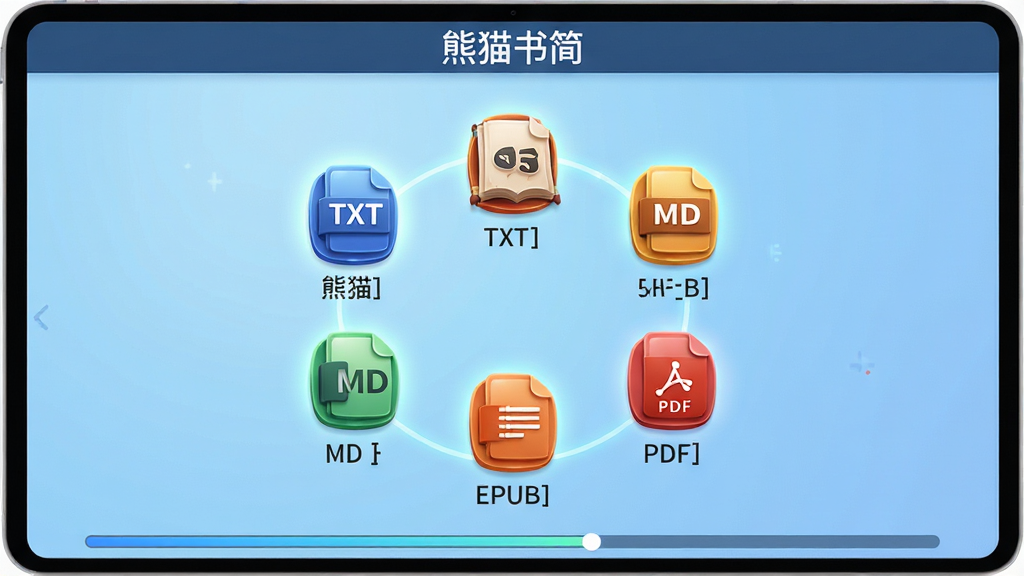 主体:熊猫书简应用内文档格式转换界面,屏幕显示多种格式图标(TXT、MD、EPUB、PDF)。布局:界面中央有文件图标排列成环形,每个图标下方有文字标签,顶部有“熊猫书简”标题栏。排版:图标大小均匀,标签字体清晰,背景为浅蓝色渐变。风格:科技感与书卷气结合,图标立体感强。细节:每个图标有微光效,屏幕底部有进度条显示转换状态。画质:高清渲染,色彩鲜艳,干净无杂物。