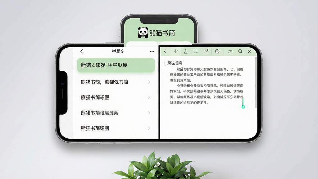 主体:智能手机屏幕展示熊猫书简应用界面,界面风格简洁清爽,以白色和淡绿色为主色调,顶部有熊猫图标和“熊猫书简”字样。布局:手机居中,屏幕内显示文档列表和编辑页面分屏预览,左侧列表有多个文档标题,右侧为文字编辑区,光标闪烁。排版:界面元素整齐,列表项圆角卡片式,编辑区字体清晰,段落分明。风格:现代扁平化设计,色彩柔和,突出阅读与写作氛围。细节:屏幕边缘有细微阴影,背景为淡灰色渐变,手机下方有绿色植物装饰。画质:高清渲染,细节丰富,画面干净,无多余元素。