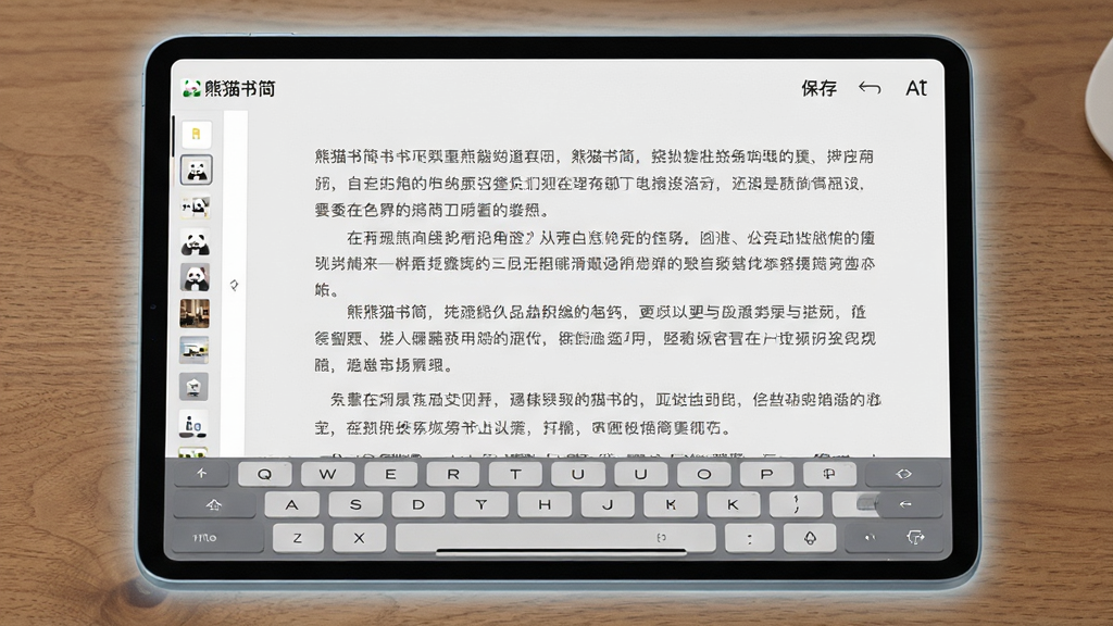 主体:平板电脑横屏显示熊猫书简写作界面,全屏编辑状态,键盘在屏幕下方虚拟弹出。布局:平板居中,屏幕内文字占满大部分区域,左上角显示“熊猫书简”字样,顶部有保存、撤销、字体设置等图标。排版:文字排版整齐,段落间距合理,左侧留白区域有缩略导航条。风格:极简主义,浅色背景,文字为深灰色,营造专注氛围。细节:屏幕边缘有柔和光晕,键盘按键清晰,桌面背景为木质纹理。画质:高清渲染,质感细腻,无多余元素。