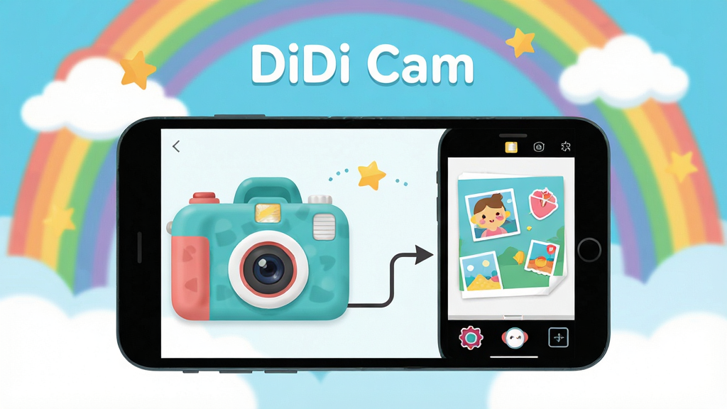 一张色彩明快的扁平化风格宣传横幅,主体为“DiDi Cam”应用界面示意图,界面中展示了一台可爱的儿童相机与手机连接的动画,背景有彩虹、云朵和星星元素,布局居中,排版简洁,风格清新活泼,细节上突出手机屏幕中照片编辑的贴纸和滤镜图标,画质高清干净,无多余元素