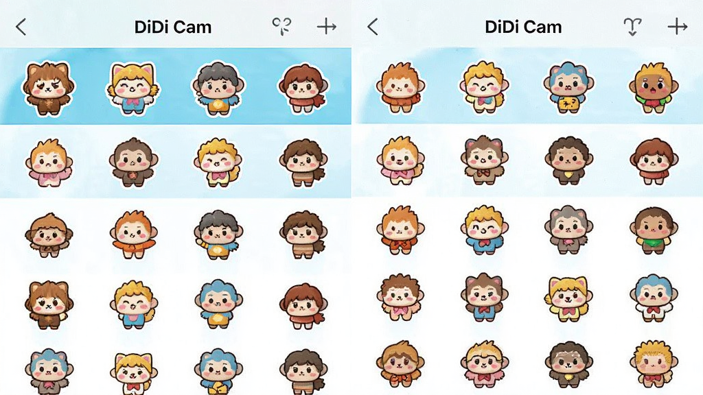 应用界面截图拼接图,主体为“DiDi Cam”的贴纸选择界面,屏幕上展示着丰富的卡通贴纸分类,布局为网格状,排版整齐,风格可爱明快,细节突出贴纸的多样性和色彩饱和度,画质清晰,界面干净无多余元素