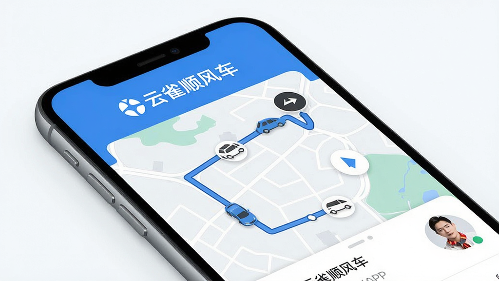 一张展示云雀顺风车APP核心界面的高清渲染图,主体为智能手机屏幕,屏幕内显示地图路线与“云雀顺风车”品牌标识,布局简洁,采用蓝白主色调,风格现代扁平,细节包括车辆图标与用户头像,画质清晰干净,无多余元素