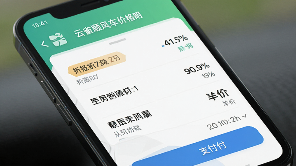 展示云雀顺风车价格明细的界面,主体为手机屏幕,显示费用构成列表与总价,布局简洁,排版清晰,风格清新,细节包括折扣标签与支付按钮,画质干净,无多余元素