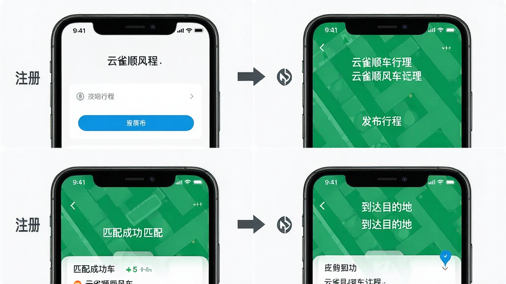 展示云雀顺风车使用教程的步骤图,主体为手机屏幕依次显示注册、发布行程、匹配成功、到达目的地四个界面,布局为四宫格,风格简洁明了,细节包括箭头指引与文字标注,画质高清,干净无多余元素