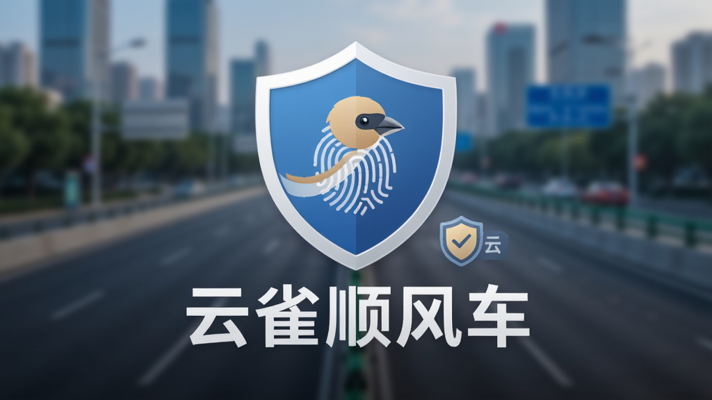 展示云雀顺风车安全功能的宣传图,主体为盾牌图标与“云雀顺风车”字样,背景是模糊的城市道路,布局居中,风格稳重,细节包括指纹与认证标识,画质高清,干净无多余元素