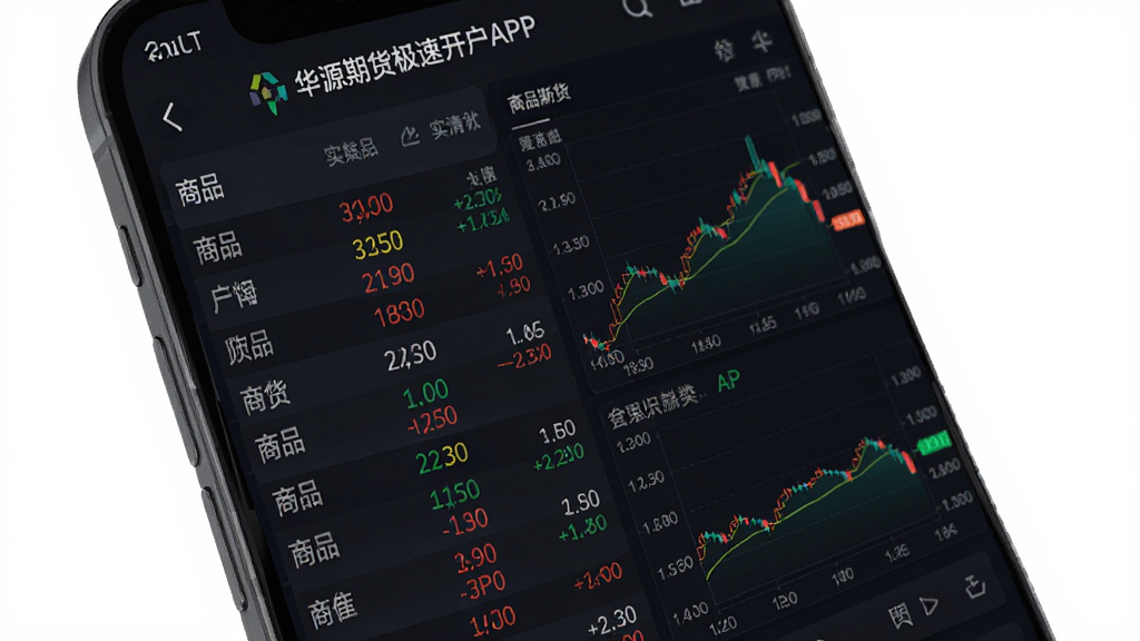 华源期货极速开户APP的行情页面展示图,屏幕中显示商品期货的实时价格列表和分时走势图,图表颜色鲜明,数据清晰可读,背景为深色主题,突出数据的专业性和实时性,整体布局整洁,画质高清,无多余元素
