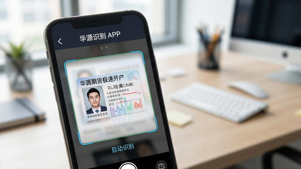 展示华源期货极速开户APP的身份证识别功能界面,手机屏幕上有清晰的身份证拍摄框,旁边有“自动识别”字样,背景虚化的办公桌环境,画面明亮清晰,突出智能识别的高效便捷,风格写实且干净,无多余元素