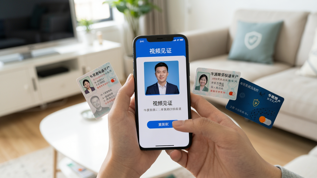 一组展示用户手持手机操作华源期货极速开户APP的实拍图片,手机屏幕清晰显示“视频见证”界面,旁边有身份证和银行卡实物,背景为明亮的客厅环境,画面自然真实,突出操作便捷与安全性,画质高清,无多余元素
