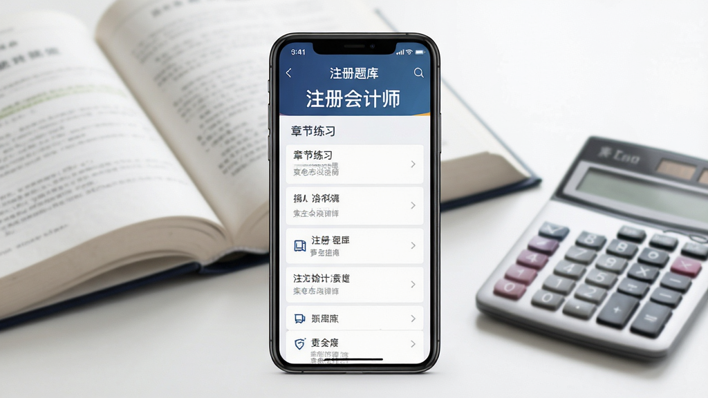 注册会计师软件主视觉图,主体为手机屏幕展示题库界面,背景搭配书籍与计算器元素,布局居中,排版简洁,风格现代商务,细节包含“注册会计师”字样与章节练习列表,画质高清干净,无多余元素