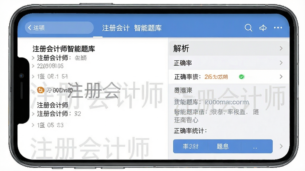 注册会计师智能题库界面截图,主体为手机屏幕显示答题页面,布局左右分栏,左侧题目右侧解析,排版整齐,风格清爽,细节包含“注册会计师”水印与正确率统计,画质清晰干净