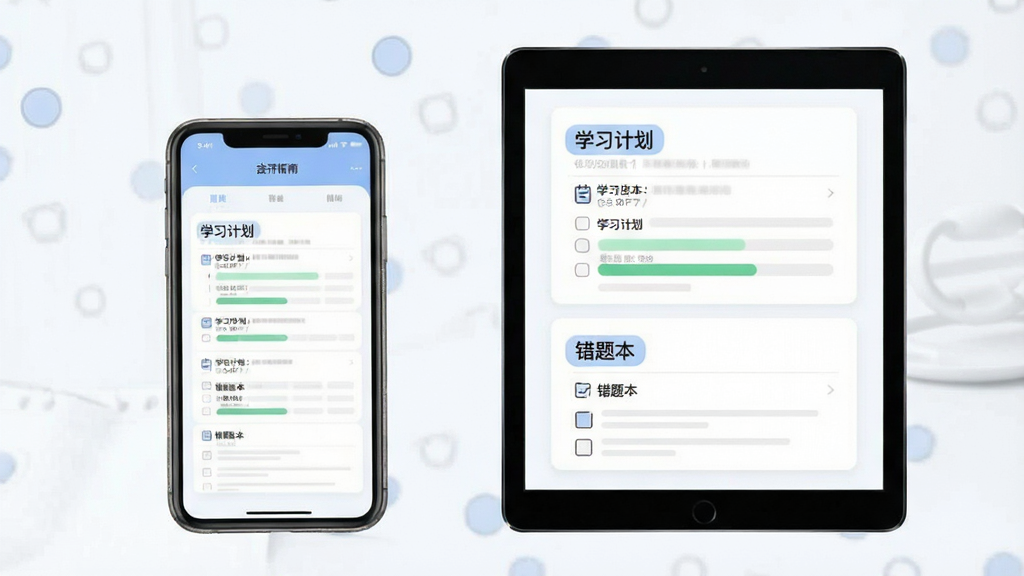 注册会计师使用指南插图,主体为手机与平板并排展示学习进度界面,布局左右对称,排版简洁,风格清新,细节包含“学习计划”与“错题本”文字,画质干净无杂物