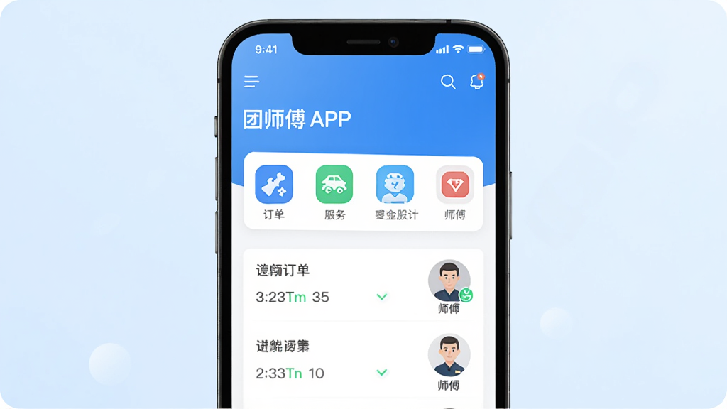 主体为团师傅APP界面展示,手机屏幕占据画面中央,背景为淡蓝色渐变,屏幕内显示“团师傅”字样及服务分类图标,布局简洁,排版清晰,风格现代扁平化,细节包括订单列表和师傅头像,画质高清,干净无多余元素