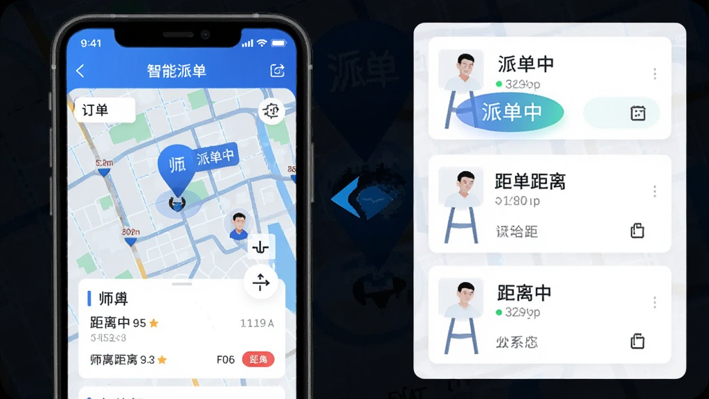 展示团师傅APP的智能派单流程,手机屏幕显示订单地图和师傅位置标记,界面以蓝色为主色调,布局为地图加卡片列表,风格科技感,细节包括“派单中”状态和距离提示,画质细腻,干净无多余元素