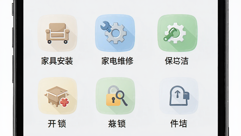 展示团师傅APP的服务分类页面,手机屏幕显示网格图标,包括家具安装、家电维修、保洁、开锁等,背景为浅灰色,布局整齐,风格清新,细节每个图标下有中文名称,画质清晰,干净无多余元素