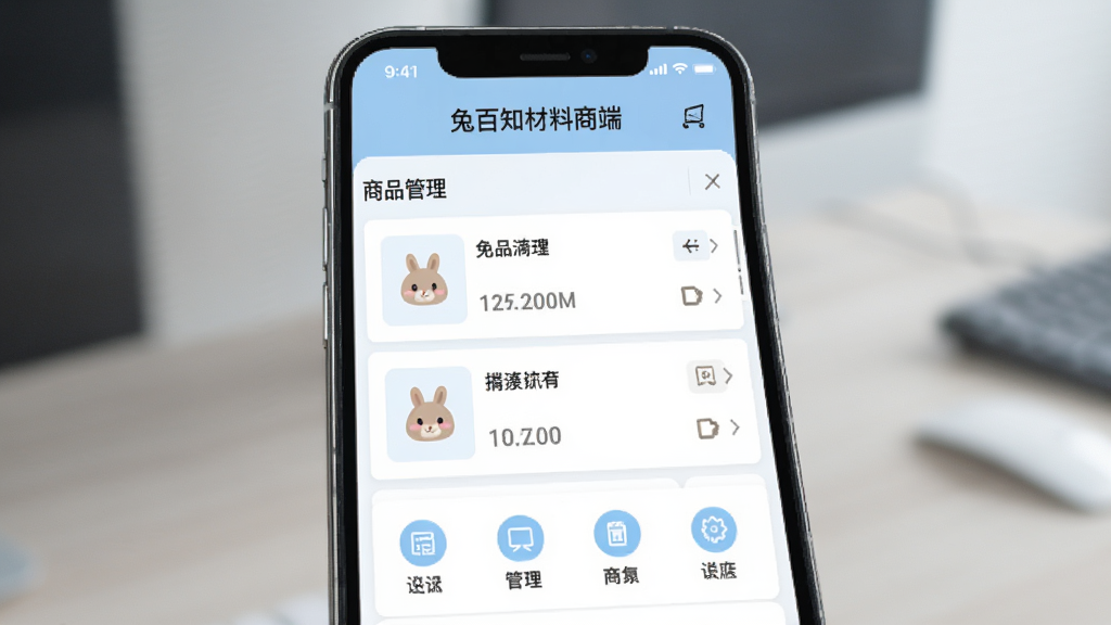 兔百知材料商端主界面展示,手机屏幕中显示商品管理列表,背景为简约商务风格,浅蓝色调,界面布局清晰,上方有“兔百知材料商端”字样,下方为功能图标,整体风格干净整洁,高画质,无多余元素