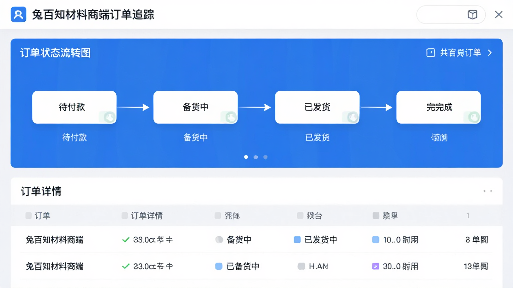 兔百知材料商端订单追踪界面,显示订单状态流转图,包含待付款、备货中、已发货、已完成等节点,底部有订单详情列表,整体配色以蓝白为主,界面信息层级分明,风格现代,画质干净,无多余元素