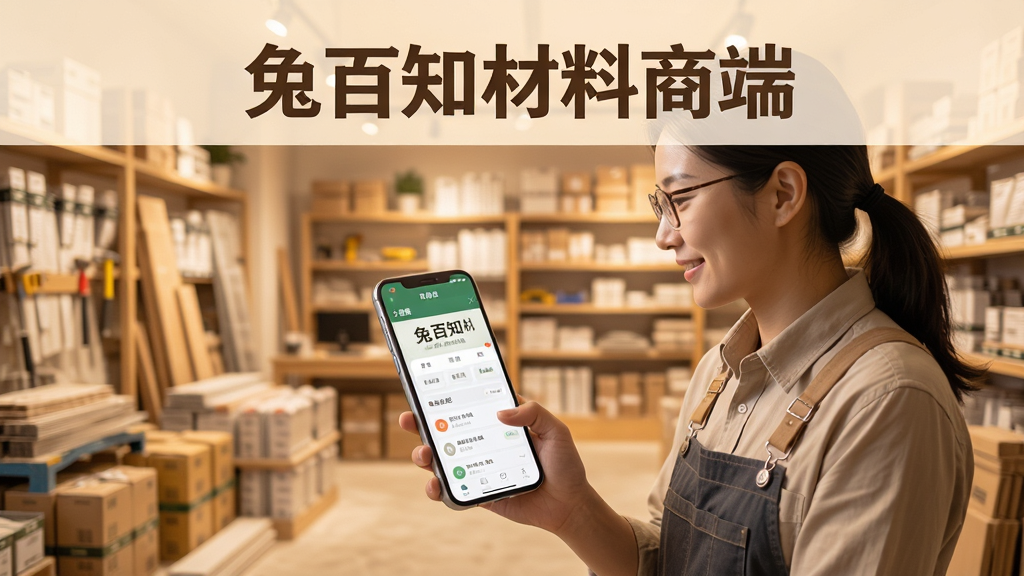 兔百知材料商端使用场景示意图,一名商家正在手机上查看订单,背景为建材店铺,画面以暖色调为主,人物动作自然,界面显示软件主屏幕,文字“兔百知材料商端”清晰可见,构图平衡,画质高清,无多余元素