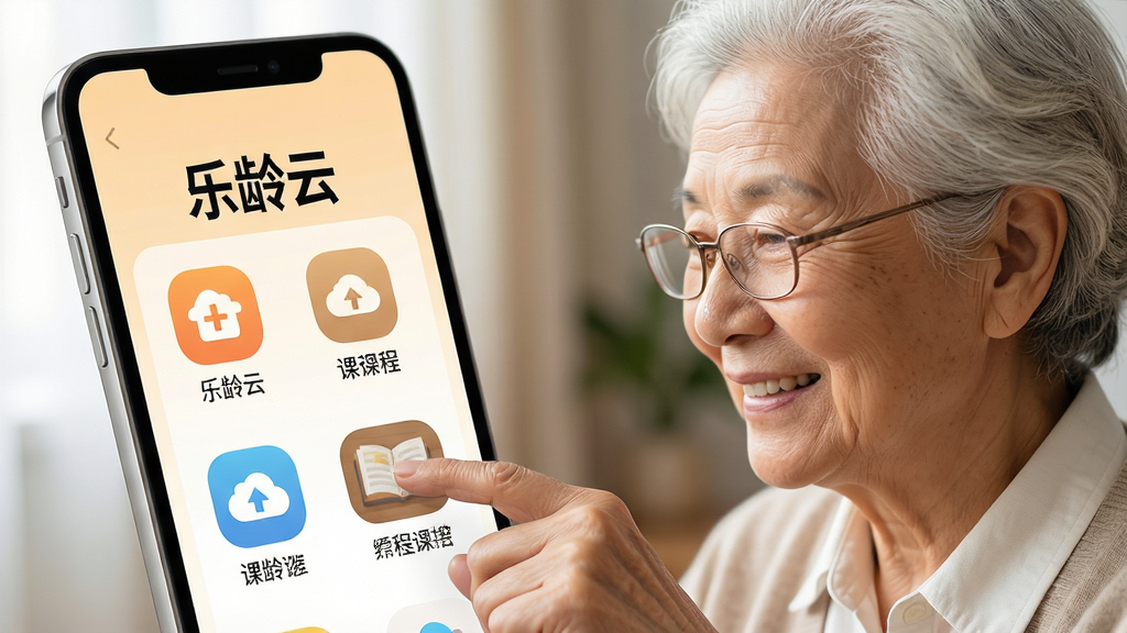 一张温馨明亮的智能手机屏幕特写,屏幕显示“乐龄云”APP主界面,界面风格简约友好,采用大图标大字体设计,背景为淡雅的暖色调,一位头发花白但精神矍铄的老人正戴着老花镜,手指轻触屏幕浏览课程,脸上洋溢着满足的微笑,画面布局主体突出,排版清晰,摄影风格,细节刻画精致,画质干净,无多余元素。