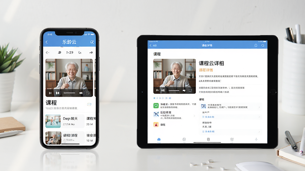 一张展示乐龄云APP在手机和平板电脑上运行效果的对比图,左侧手机屏幕显示课程播放页面,右侧平板电脑显示课程详情介绍,背景是整洁的桌面,画面聚焦于设备屏幕,界面清晰,光线柔和,构图平衡,画质细腻,无多余元素。