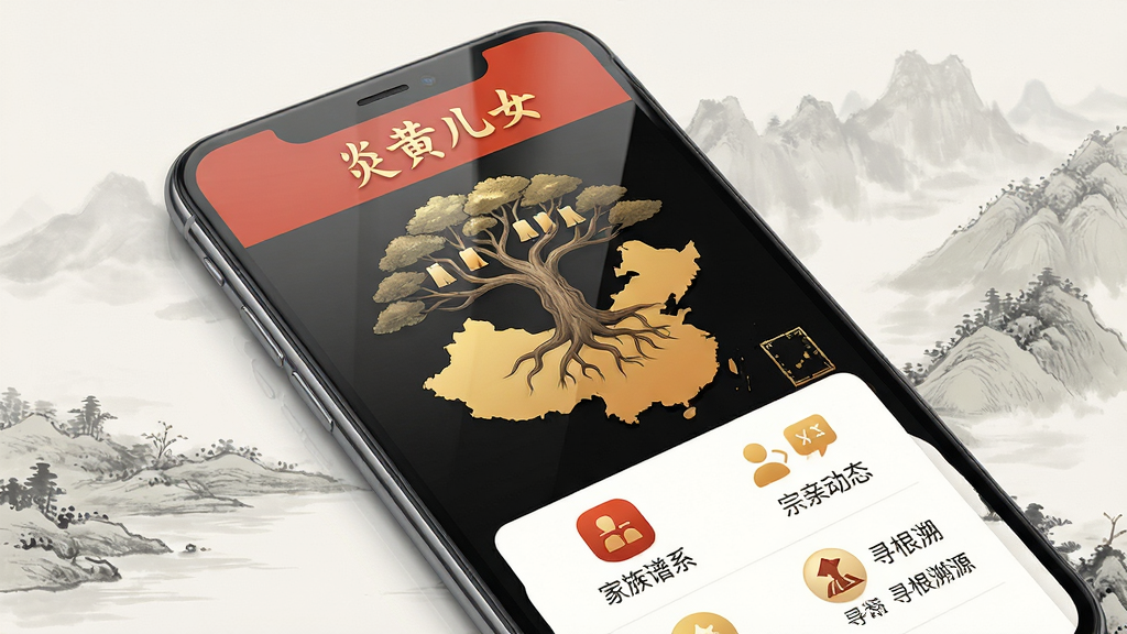 主体:一款名为“炎黄儿女”的智能手机应用界面特写,屏幕中显示一棵古朴的家族树,树根连接着中国地图轮廓。布局:中心构图,手机斜放,背景为淡雅的水墨山水画。排版:界面列表清晰展示“家族谱系”、“宗亲动态”、“寻根溯源”等图标。风格:融合现代扁平化UI设计与传统中国风元素,色调以朱红、鎏金、墨色为主。细节:屏幕反射出柔和光线,画面干净,突出应用名称“炎黄儿女”四个字。画质:高清渲染,细节丰富,无多余元素。