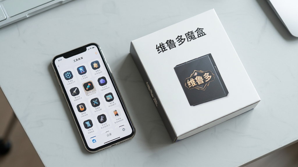 一张俯拍图,桌面上整齐摆放着一部智能手机和一个维鲁多魔盒的实体包装盒,手机屏幕显示维鲁多魔盒的工具列表界面,各种工具图标以网格形式排列,包装盒上印有“维鲁多魔盒”字样,背景为浅灰色桌面,光线明亮柔和,风格简约干净,画质清晰