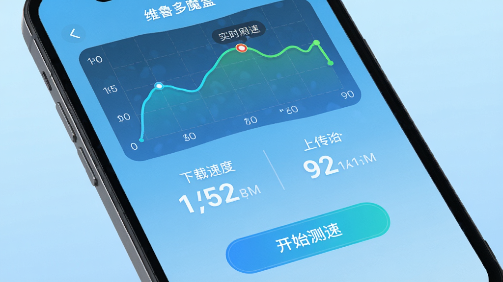 一个手机屏幕显示维鲁多魔盒的网络测速界面,上方有实时网速曲线图,中间显示下载速度和上传速度的数字,下方有“开始测速”按钮,背景为浅蓝色渐变,整体风格科技感强,画质清晰,干净无多余元素