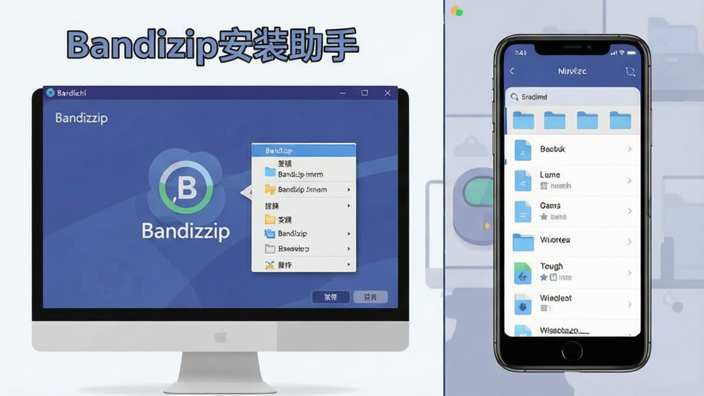 一张分屏对比的插图,左侧是电脑端Bandizip安装助手的操作界面,右侧是手机端运行界面。主体布局清晰,上方有软件名称“Bandizip安装助手”字样,风格为现代扁平化设计,细节上展示了右键菜单和移动端文件列表,画质干净整洁,无多余元素