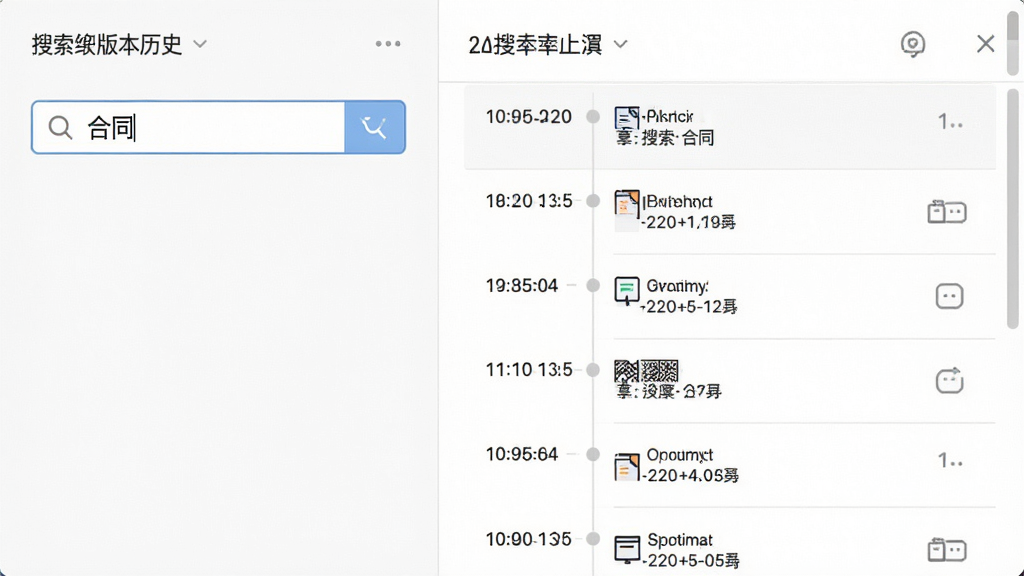 主体:文档搜索结果与版本历史面板,布局:左侧搜索框,右侧显示版本列表,排版:结果以列表形式呈现,风格:清爽实用,细节:搜索框内输入“合同”,版本时间轴清晰可见,画质:高清,干净,无多余元素