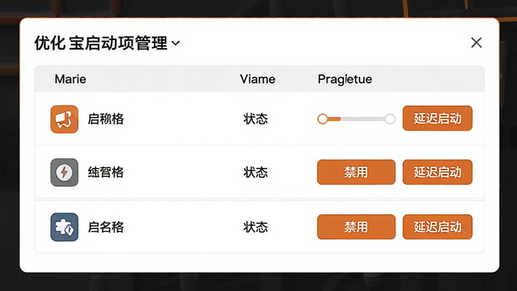 优化宝启动项管理界面,展示启动项列表,每项包含图标、名称、状态和影响程度,有“禁用”和“延迟启动”按钮,界面风格简约,强调色为橙色,画质清晰
