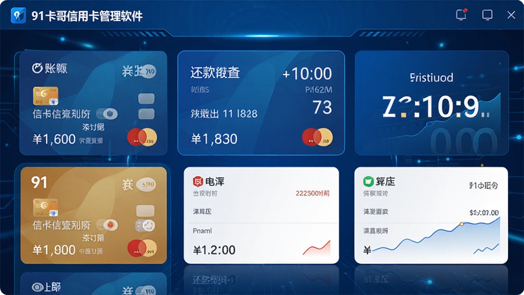 91卡哥信用卡管理软件的主界面预览图,展示多张信用卡的账单概览和还款倒计时,界面采用蓝色科技感设计,卡片信息清晰排列,背景干净,画质高清