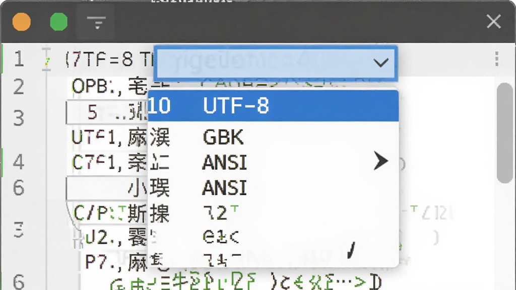一张展示q10文本编辑器编码选择菜单的示意图,下拉列表包含UTF-8、GBK、ANSI等选项,背景为编辑窗口显示中文正常无乱码,画质清晰,风格简洁,无多余元素