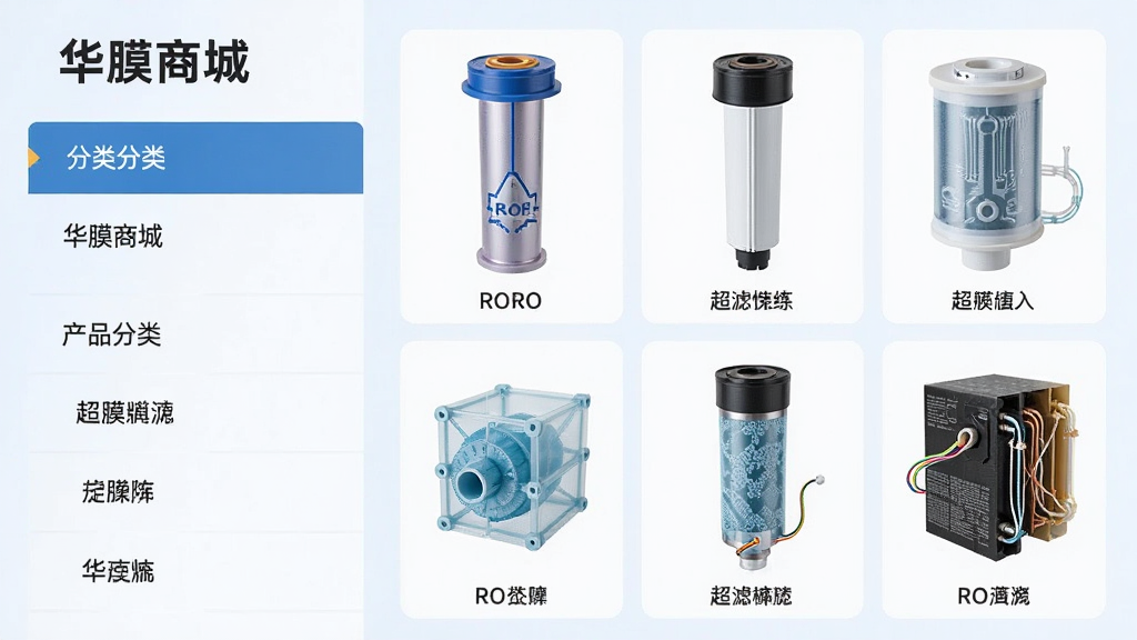 华膜商城产品分类展示页,左侧为分类列表,右侧展示各种膜产品图片,包括RO膜、超滤膜等,布局清晰,商业风格,浅色背景,产品细节丰富,高清,干净