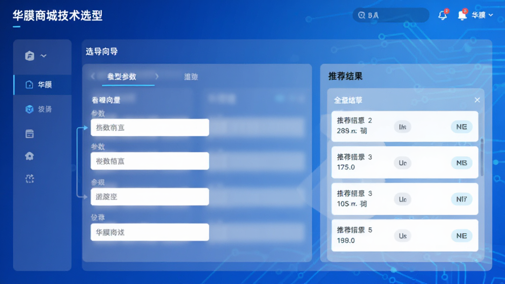 华膜商城技术选型界面,显示选型向导步骤,有参数输入框和推荐结果列表,背景为科技感蓝色渐变,界面设计简洁,文字清晰,现代化UI,高清,干净