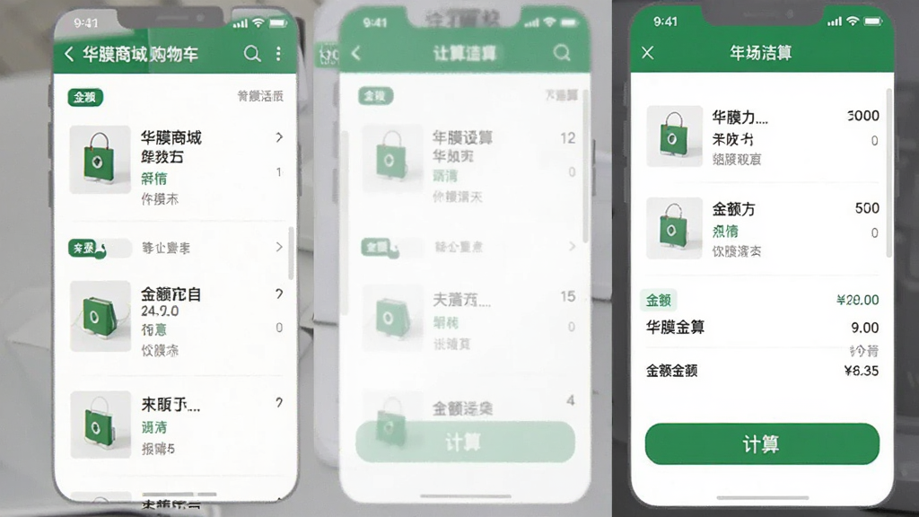华膜商城购物车与结算界面,显示商品清单、金额明细、结算按钮,界面清爽,绿色主色调,手机端截图风格,高清,干净