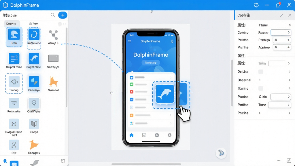 主体:DolphinFrame软件编辑界面,显示拖拽组件到手机画布的过程;布局:左侧组件列表,中间画布,右侧属性面板;排版:清晰直观,组件高亮显示;风格:明亮清爽,蓝白主色调;细节:画布中的手机模型显示“DolphinFrame”应用界面,鼠标拖拽组件有蓝色虚线框;画质:高清,干净无多余元素。