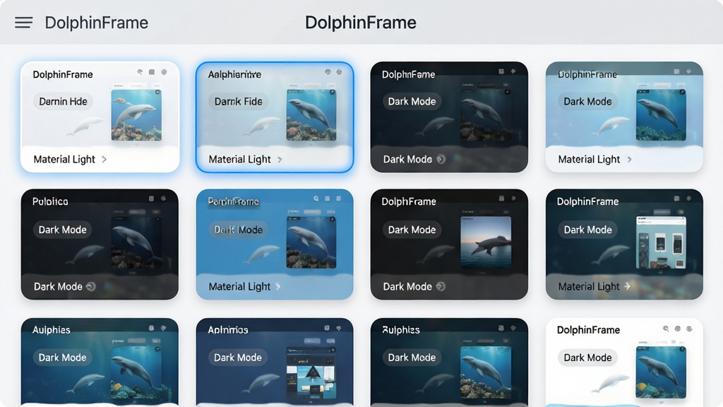 主体:DolphinFrame主题管理界面,展示多种主题预览缩略图;布局:网格排列主题卡片,选中主题高亮;排版:简洁美观,每张卡片显示主题名称与预览图;风格:明亮,卡片圆角;细节:卡片上标注“Material Light”、“Dark Mode”等,顶部有“DolphinFrame”标题;画质:高清,干净无多余元素。