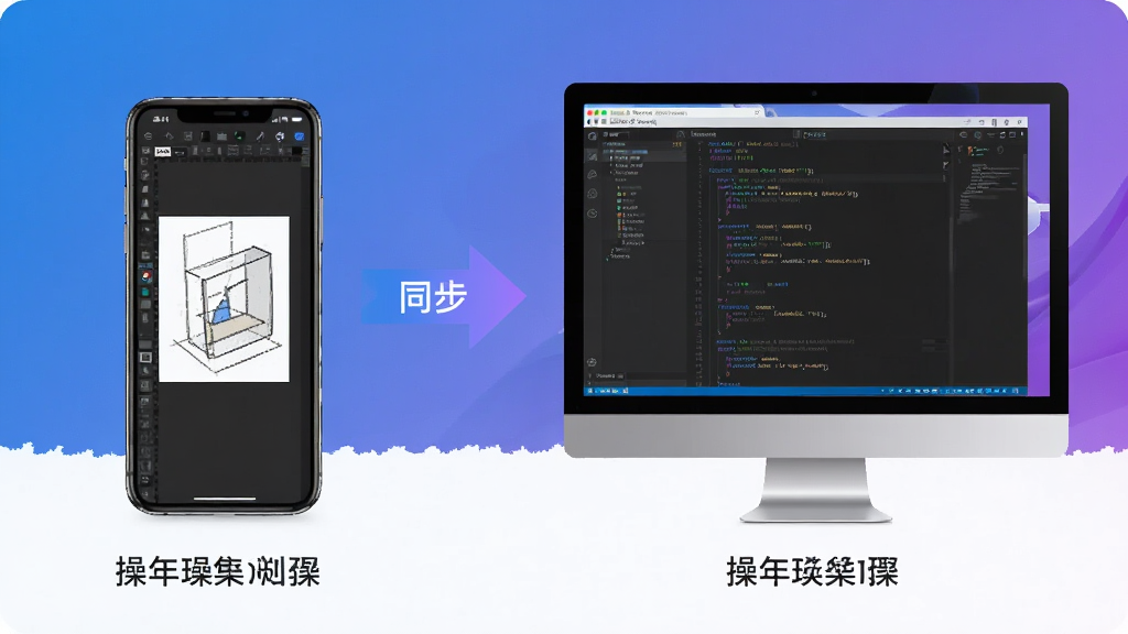 主体:手机与电脑并排显示DolphinFrame操作界面;布局:左侧手机,右侧电脑,中间有箭头连接;排版:对比清晰,设备下方有操作提示;风格:科技感,蓝紫渐变背景;细节:手机屏幕显示编辑画布,电脑屏幕显示代码,箭头标注“同步”;画质:高清,干净无多余元素。