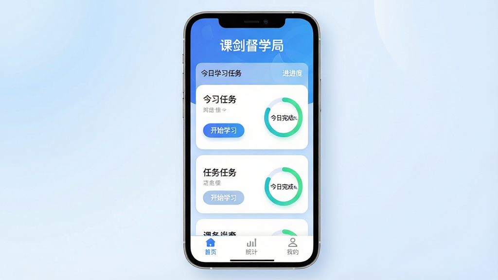 主体:一部智能手机屏幕显示课剑督学局主界面,界面顶部有“课剑督学局”品牌字样,下方展示今日学习任务列表与进度环。布局:手机居中,背景为淡蓝色渐变,界面元素清晰排布。排版:界面采用卡片式设计,任务卡片圆角处理,进度环醒目。风格:现代扁平化,色彩明快,科技感与教育感并存。细节:任务卡片上有“开始学习”按钮,进度环显示“今日完成68%”,底部导航栏有“首页”“统计”“我的”三个标签。画质:高清渲染,光影自然,干净无多余元素。