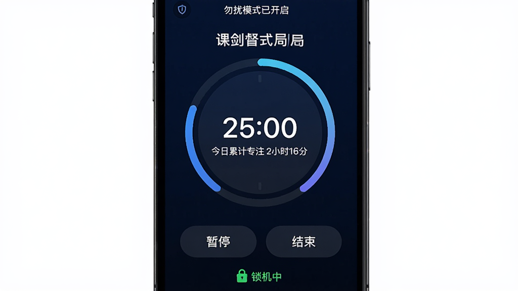 主体:手机屏幕显示课剑督学局专注计时界面,中央有一个大大的圆形倒计时盘。布局:手机居中,背景为深蓝色,计时盘位于中央,下方有“暂停”“结束”按钮。排版:计时盘周围有环形进度条,盘中心显示“25:00”,下方显示“今日累计专注 2小时16分”。风格:深色模式,科技感强,视觉聚焦。细节:计时盘下方有“锁机中”绿色小锁图标,屏幕顶部显示“勿扰模式已开启”。画质:高对比度,无噪点,干净无多余元素。