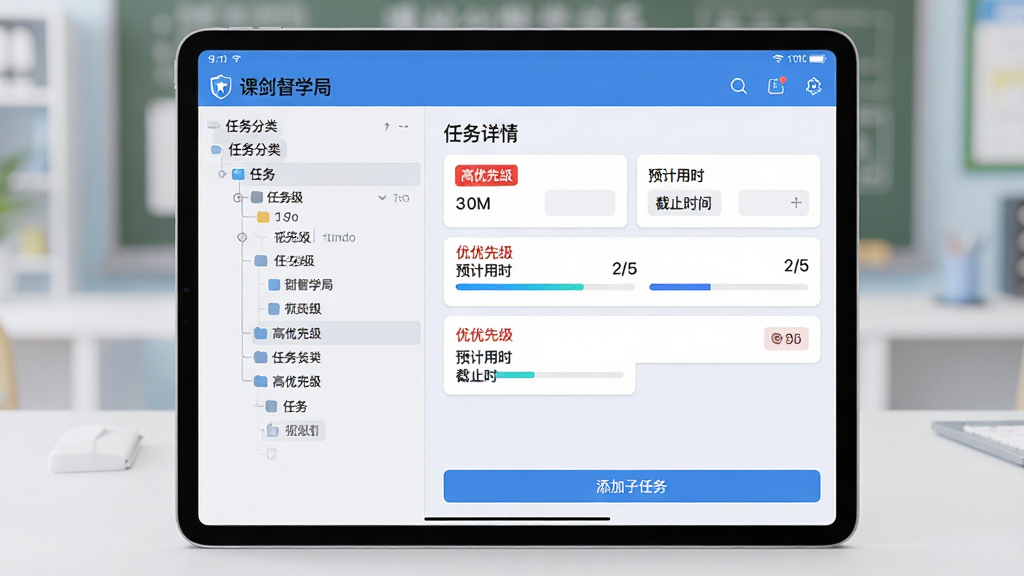 主体:平板电脑展示课剑督学局的任务规划界面,左侧为任务分类树,右侧为任务详情面板。布局:平板居中,屏幕内显示“课剑督学局”标识,任务卡片按优先级排列。排版:左侧分类树清晰,右侧任务详情包含“预计用时”“截止时间”字段。风格:清爽的浅色背景,蓝色主色调,信息层级分明。细节:任务卡片上带有“高优先级”红色标签,进度条显示“2/5”,屏幕下方有“添加子任务”按钮。画质:细腻渲染,文字锐利,干净无多余元素。