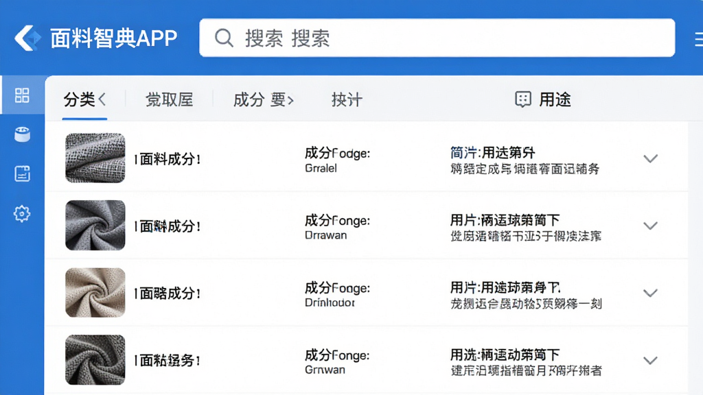 主体:面料智典APP的数据库界面,列表形式展示多种面料名称与缩略图,屏幕上方有搜索栏。布局:界面从上到下依次为搜索栏、分类标签、面料列表。排版:列表清晰,每行显示面料名称、成分与用途简介。风格:简洁商务风,蓝白主色调。细节:面料缩略图纹理可见,文字信息醒目。画质:高清,干净,无多余元素。